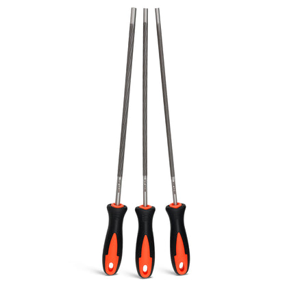 Three long metal screwdriver bits with black and orange handles, arranged vertically on a plain white background.