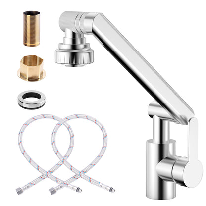 Chrome kitchen faucet with flexible hose and connectors on a white background