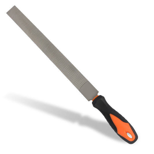 Rasp tool with a black and orange handle on a white background