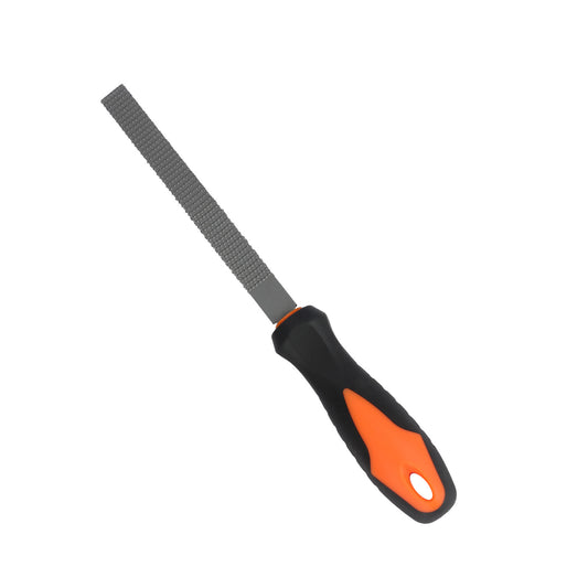 Metal file with orange and black handle on a white background