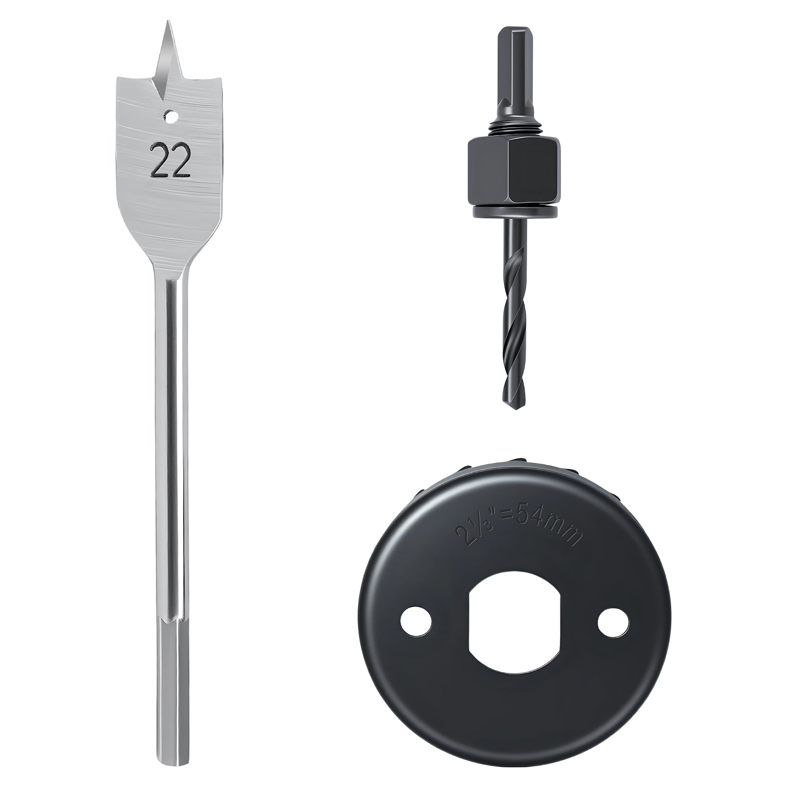 3-piece hole saw kit with 54mm hole saw blade, 22mm spade bit, arbor and nut for wood PVC drywall drilling, high carbon steel