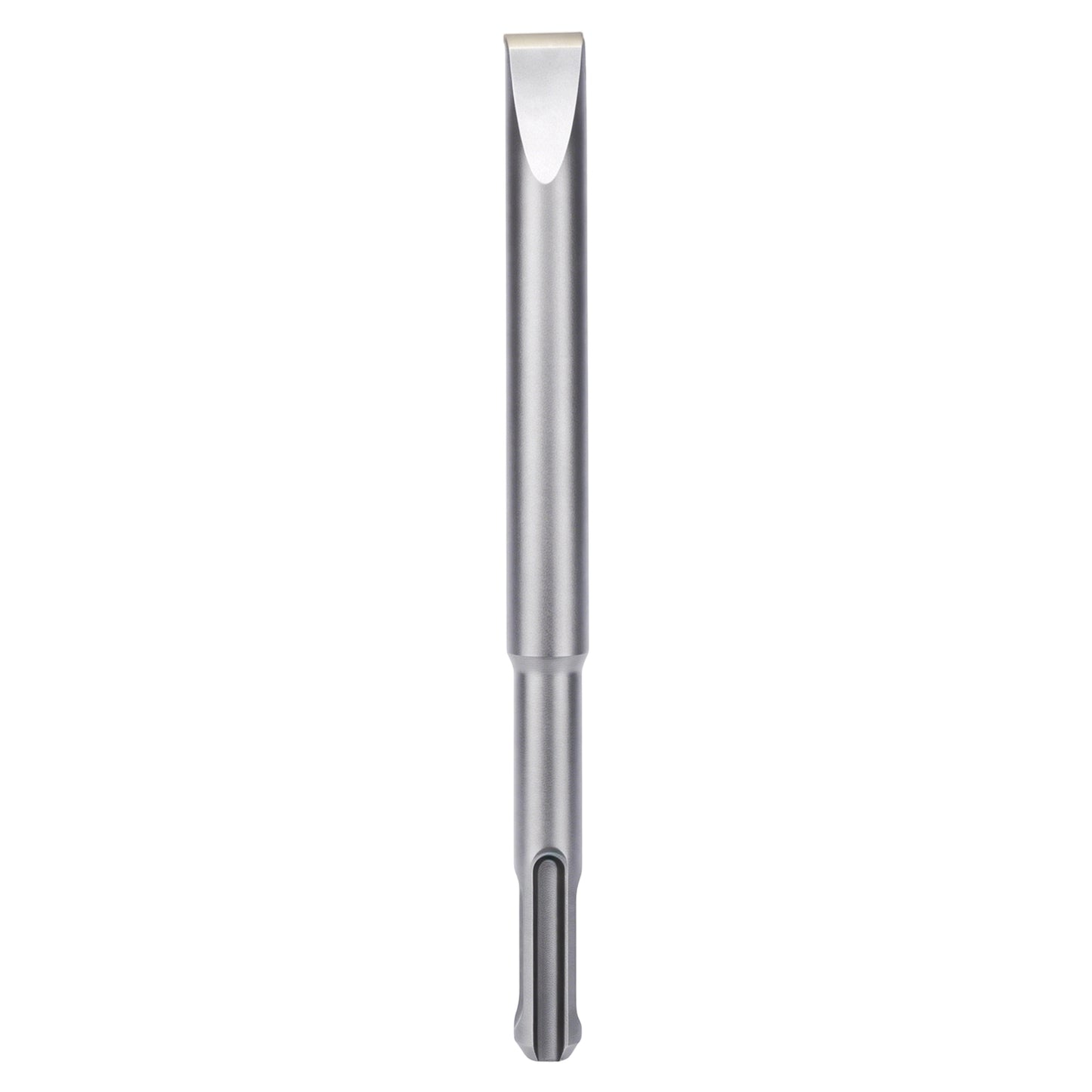 A silver metal flat-blade screwdriver bit with a textured, brushed finish, shown vertically against a solid white background.