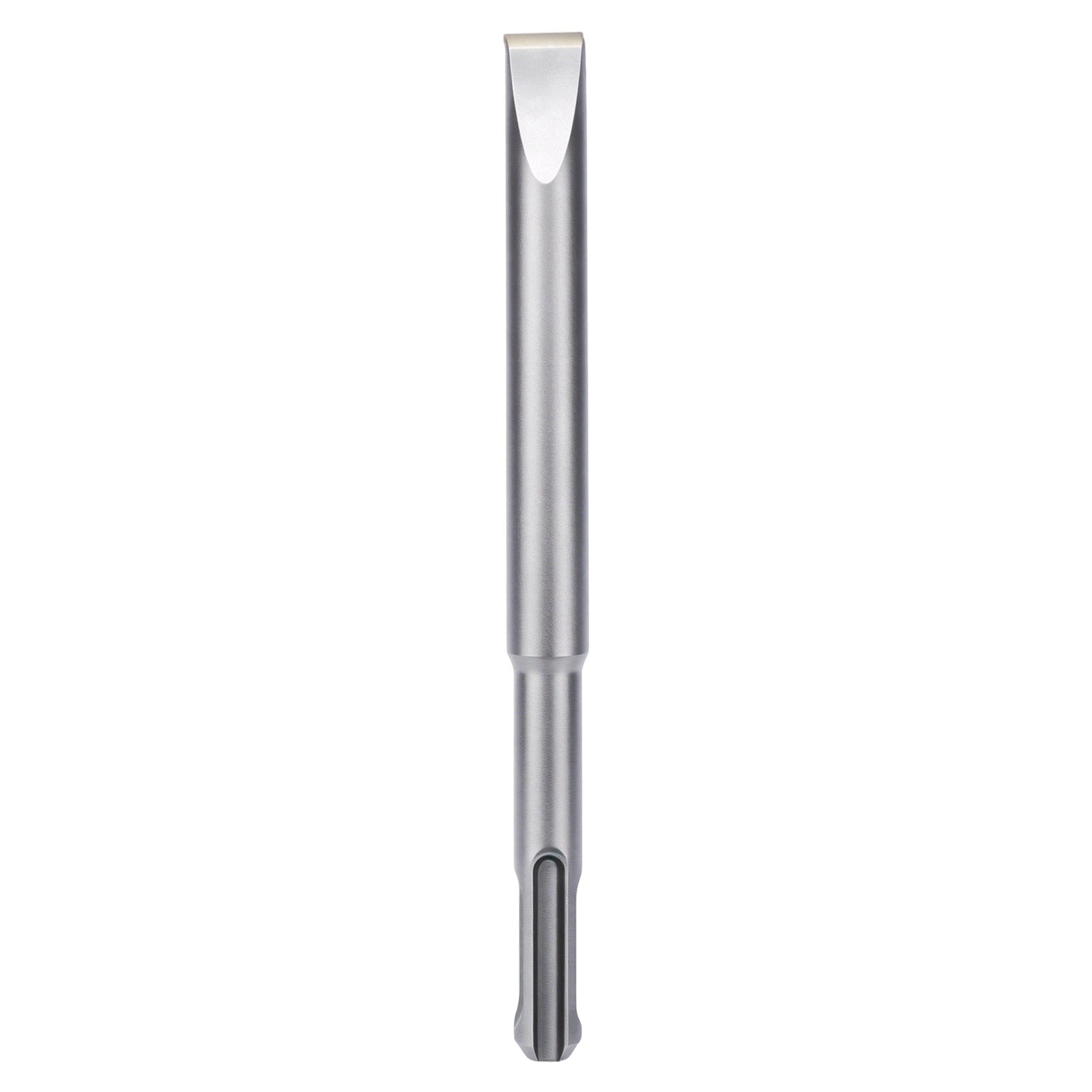 A silver metal flat-blade screwdriver bit with a textured, brushed finish, shown vertically against a solid white background.
