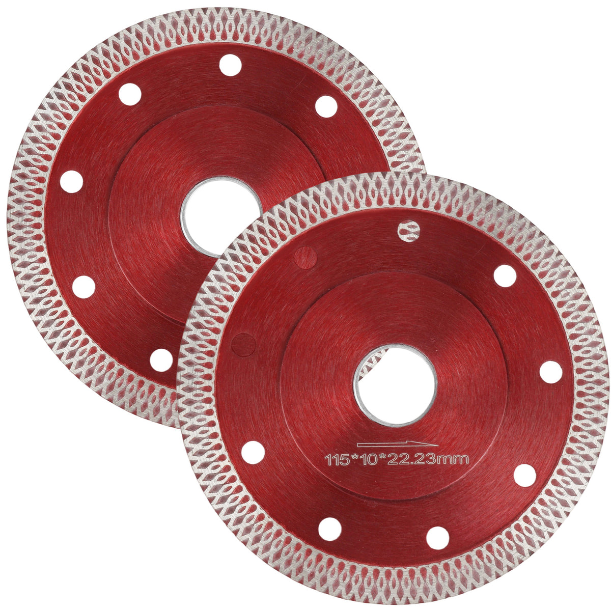 Two circular diamond saw blades with red metal centers and silver abrasive edges, shown on a plain white background. One blade has the size marking '115*10*22.