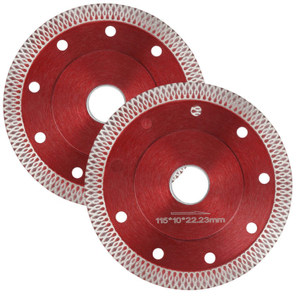Two circular diamond saw blades with red metal centers and silver abrasive edges, shown on a plain white background. One blade has the size marking '115*10*22.