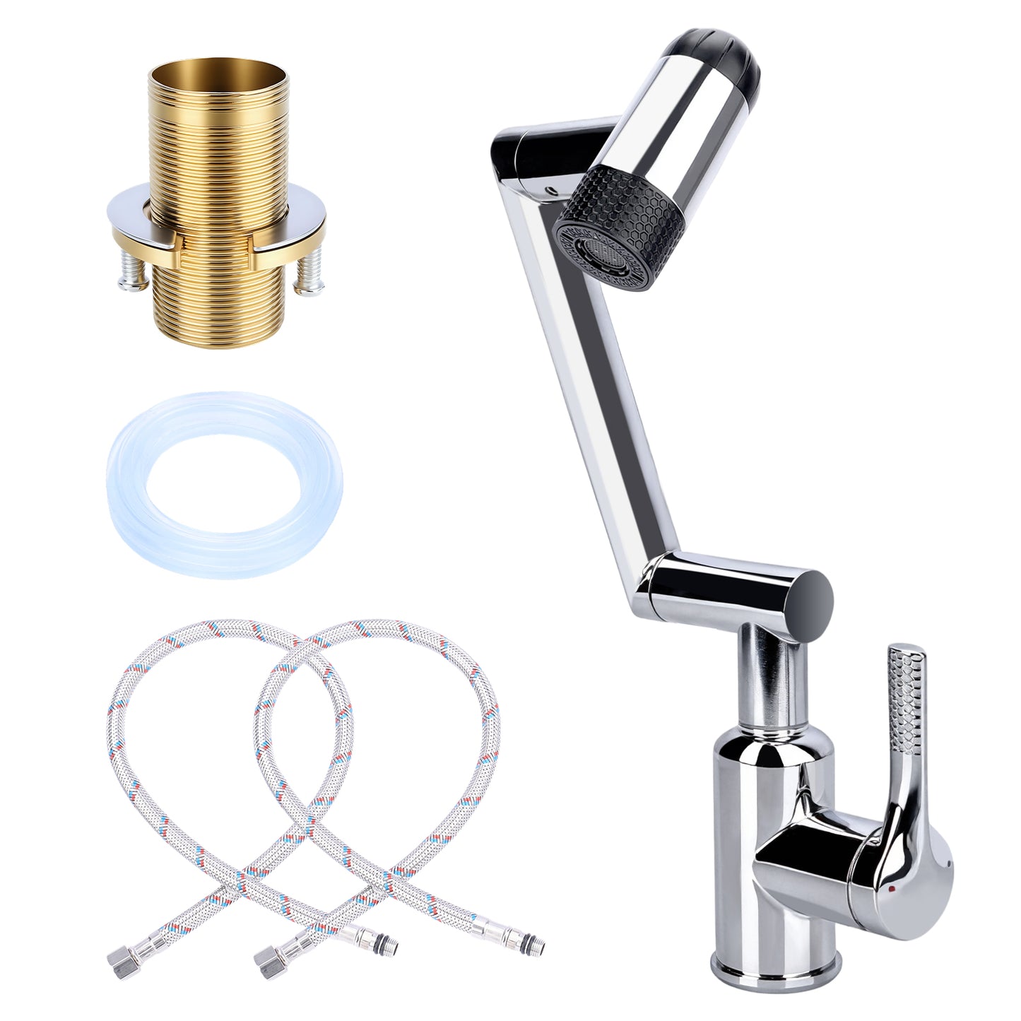 Rotatable kitchen faucet with pull down sprayer, flexible swivel arm, single handle hot and cold water tap with hoses and installation accessories
