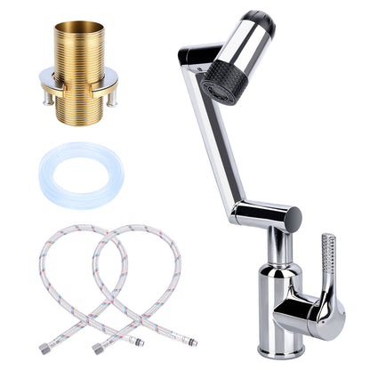 Rotatable kitchen faucet with pull down sprayer, flexible swivel arm, single handle hot and cold water tap with hoses and installation accessories