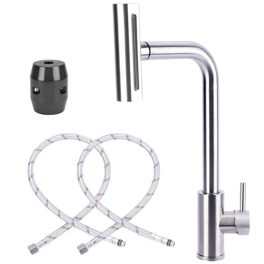 Modern kitchen faucet with two hoses on a white background