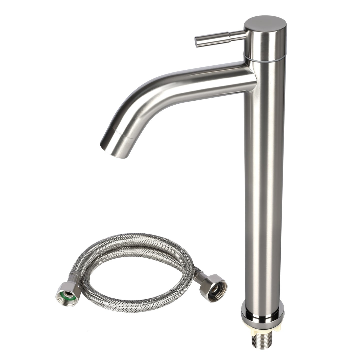 Stainless steel kitchen faucet with flexible hose on a white background