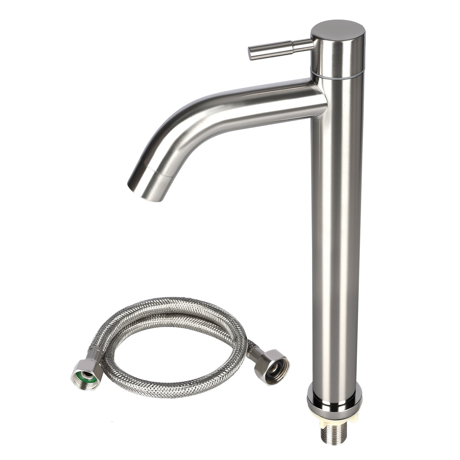 Stainless steel kitchen faucet with flexible hose on a white background