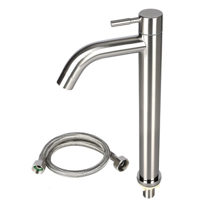 Stainless steel kitchen faucet with flexible hose on a white background