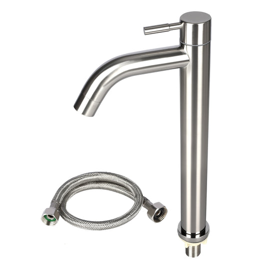 Stainless steel kitchen faucet with flexible hose on a white background