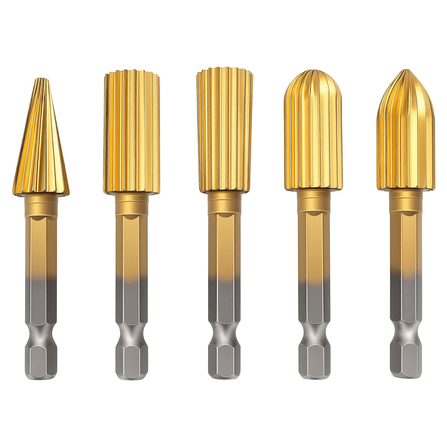 Five gold-colored drill bits with hexagonal shanks on a white background
