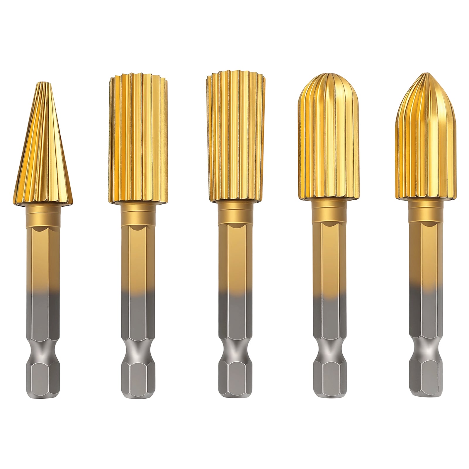 Five gold-colored drill bits with hexagonal shanks on a white background