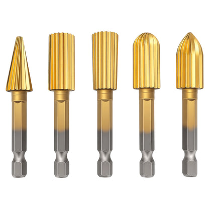 Five gold-colored drill bits with hexagonal shanks on a white background