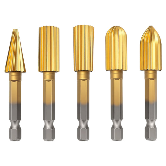 Five gold-colored drill bits with hexagonal shanks on a white background