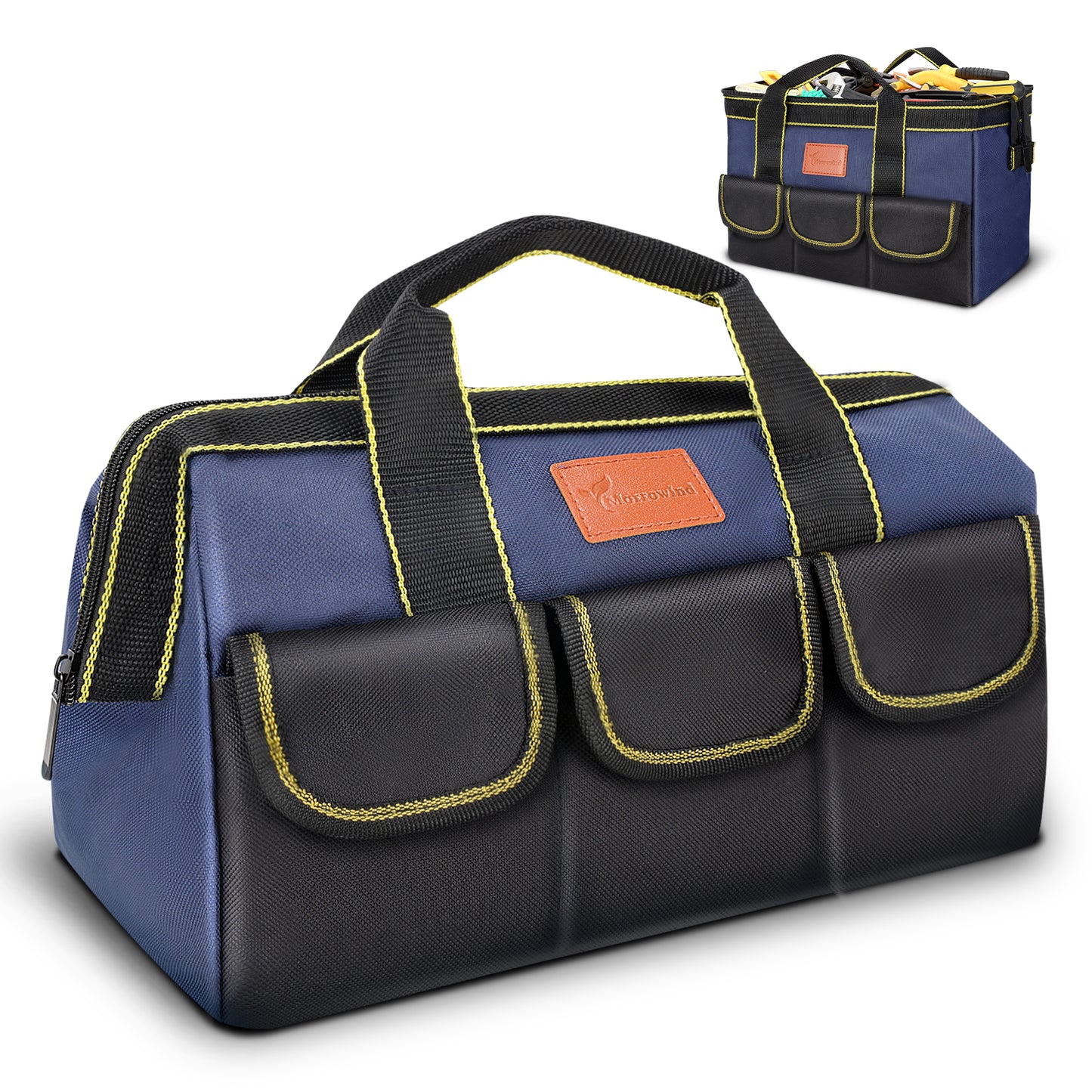 A navy blue and black tool bag with yellow contrast stitching and a brown leather brand patch, shown on a white background with a smaller inset view in the top right.