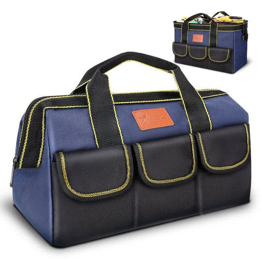 A navy blue and black tool bag with yellow contrast stitching and a brown leather brand patch, shown on a white background with a smaller inset view in the top right.