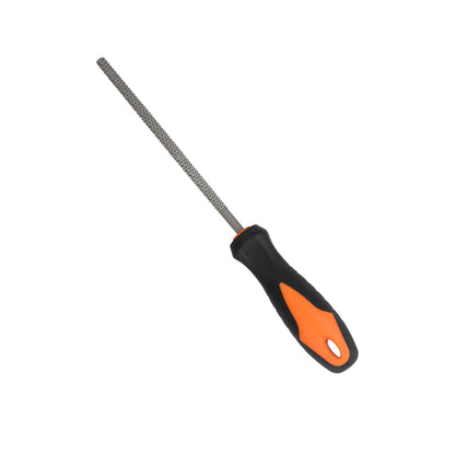 Diamond rasp tool with orange and black handle on a white background
