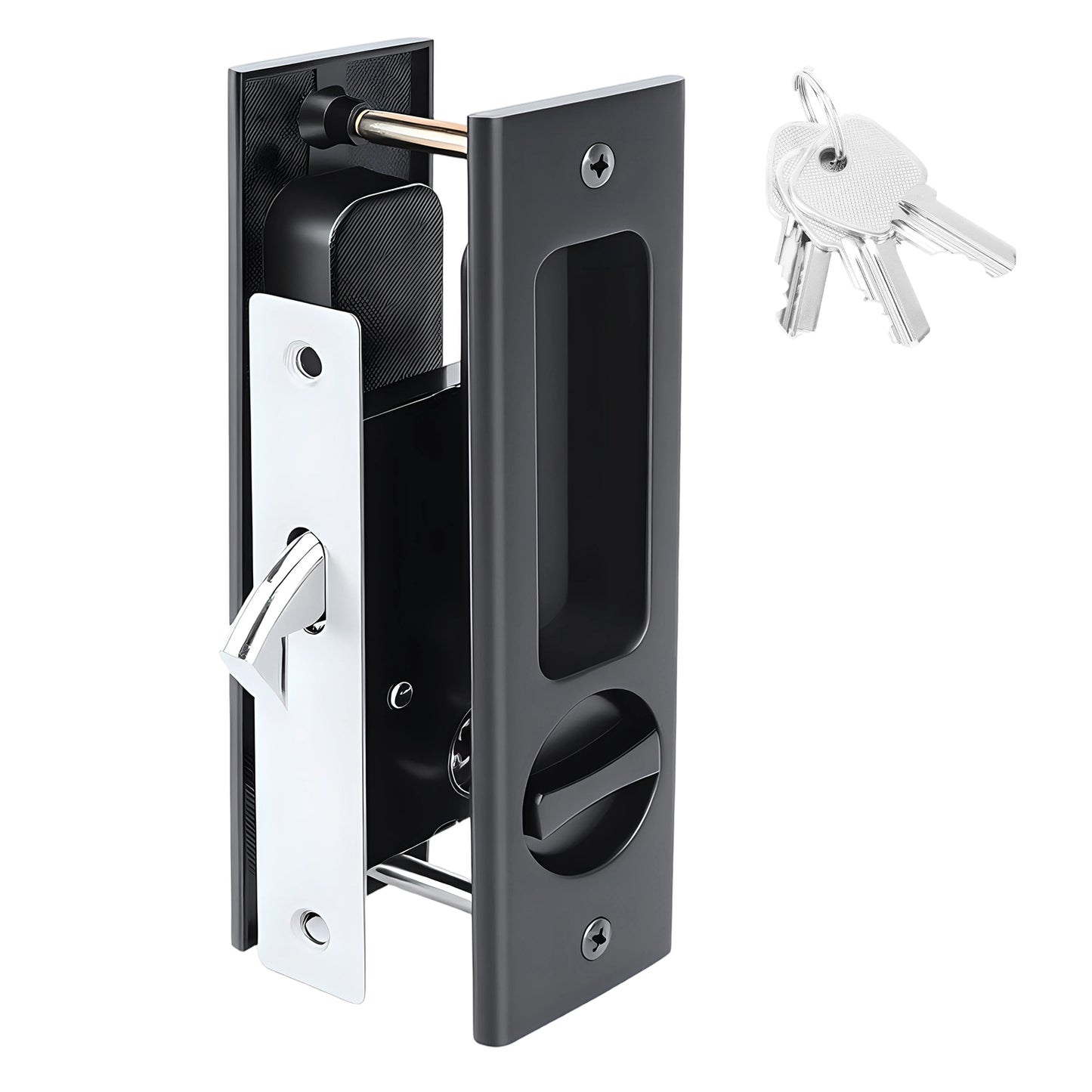 Black door handle with key on a white background