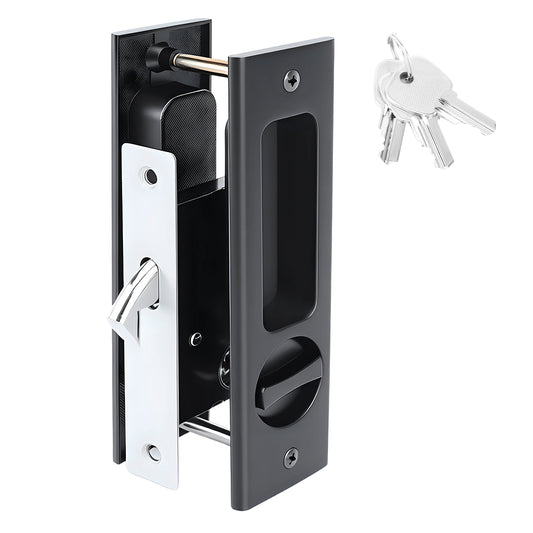 Black door handle with key on a white background