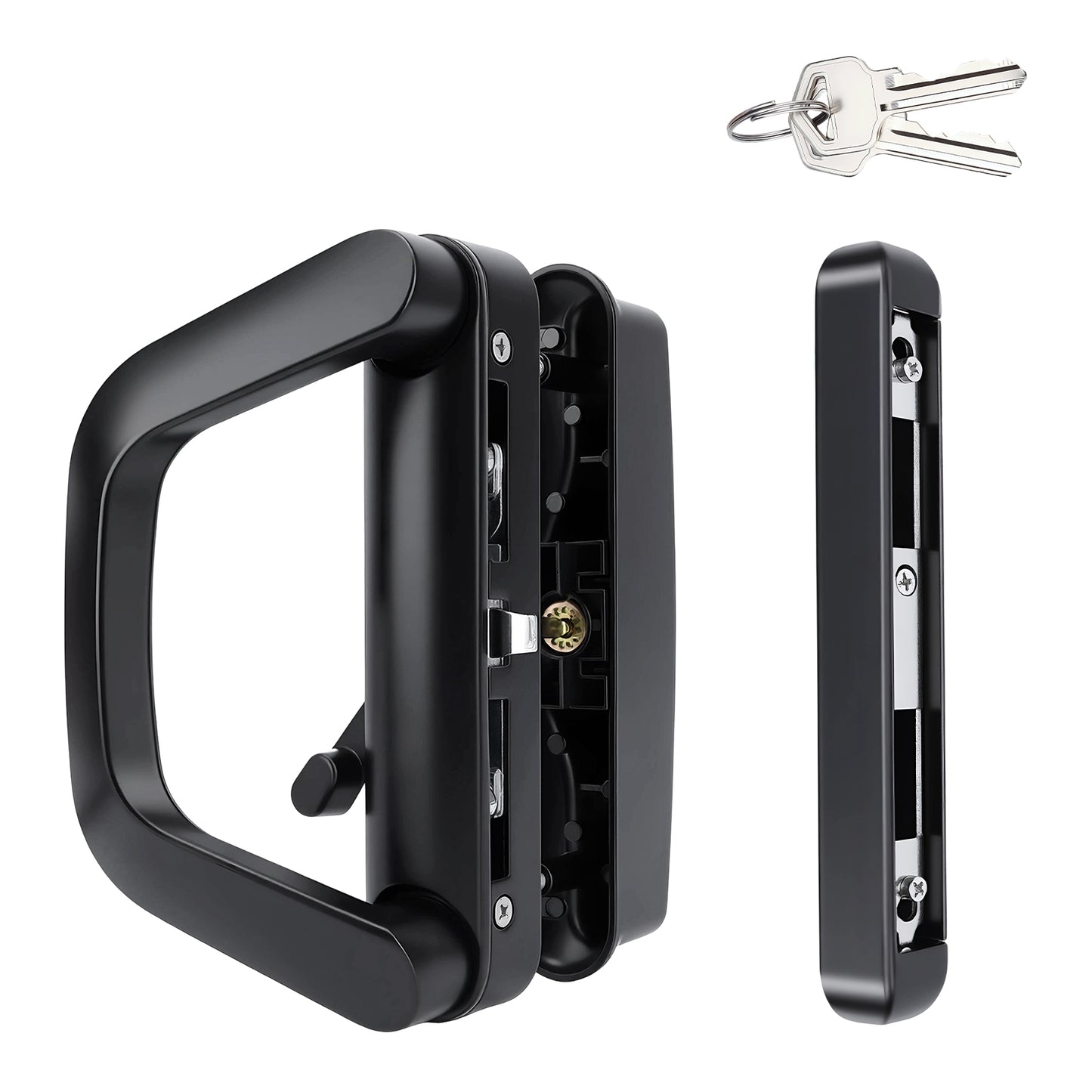 Black metal door handle lockset shown from multiple angles on a white background, with two keys at the top right.