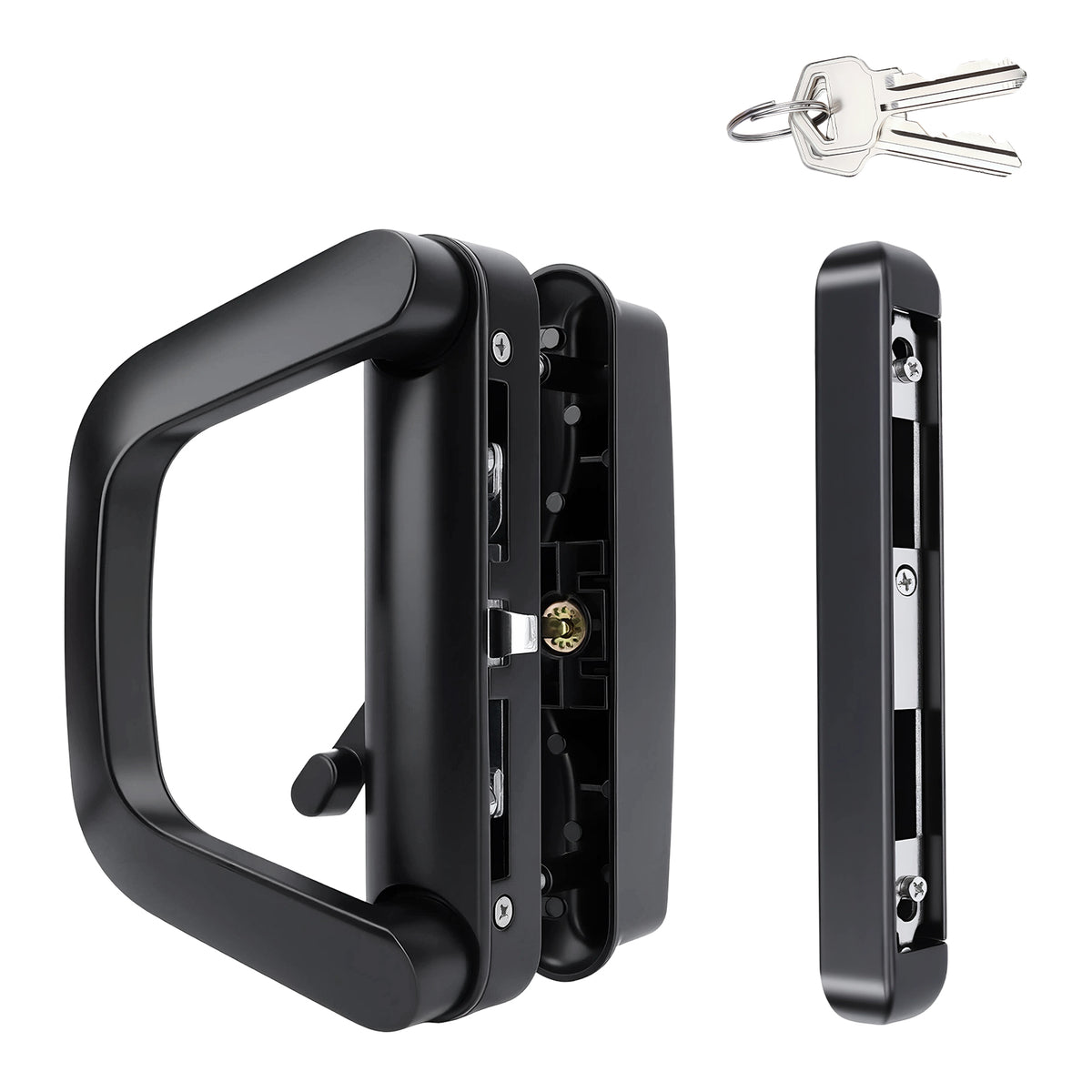 Black metal door handle lockset shown from multiple angles on a white background, with two keys at the top right.