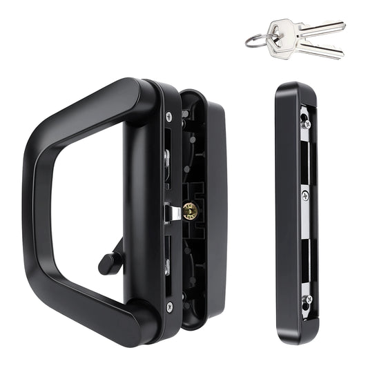 Black metal door handle lockset shown from multiple angles on a white background, with two keys at the top right.