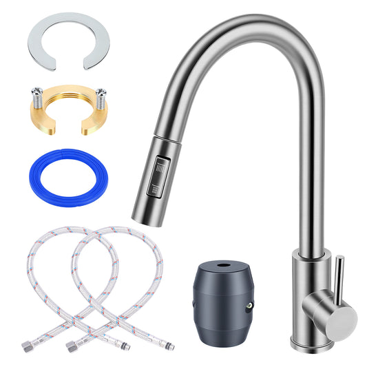 Stainless steel pull down kitchen faucet with high arc spout, single handle hot and cold water tap with sprayer, hoses and installation accessories