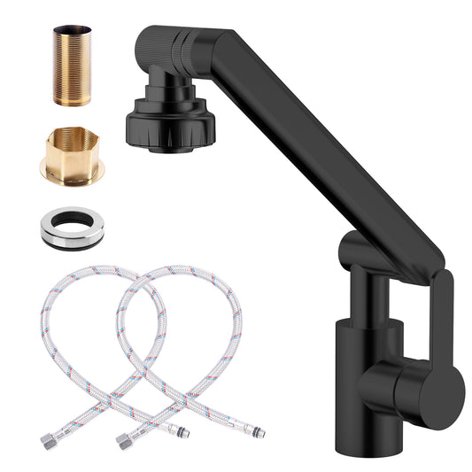 Black kitchen faucet set with hoses and connectors on a white background