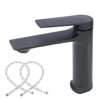 Gray faucet with two flexible hoses on a white background