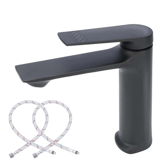 Gray faucet with two flexible hoses on a white background