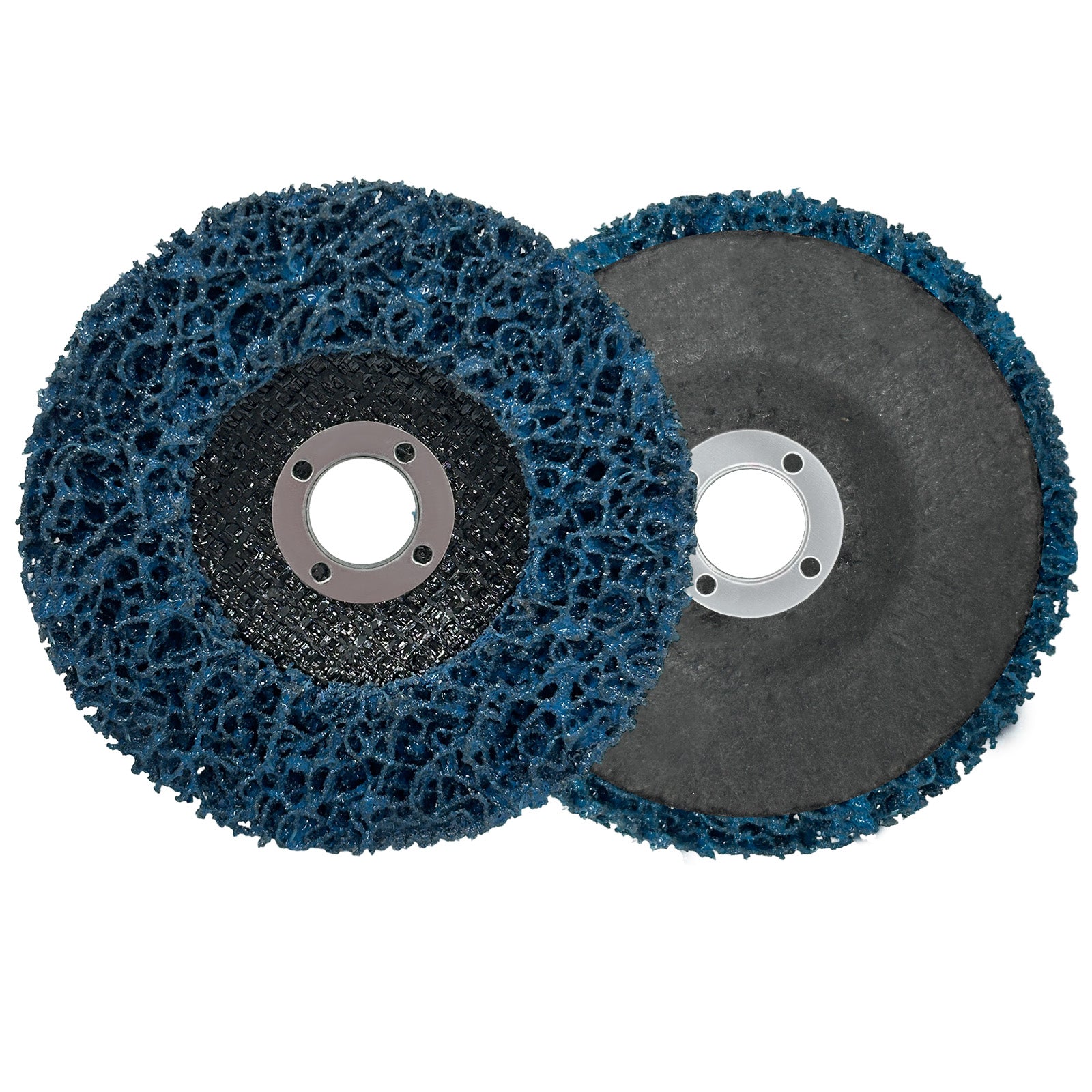 Two flap discs with blue and gray abrasive pads on a white background