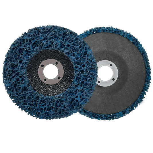 Two flap discs with blue and gray abrasive pads on a white background