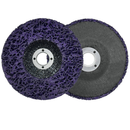 Two abrasive discs with purple and gray surfaces on a white background