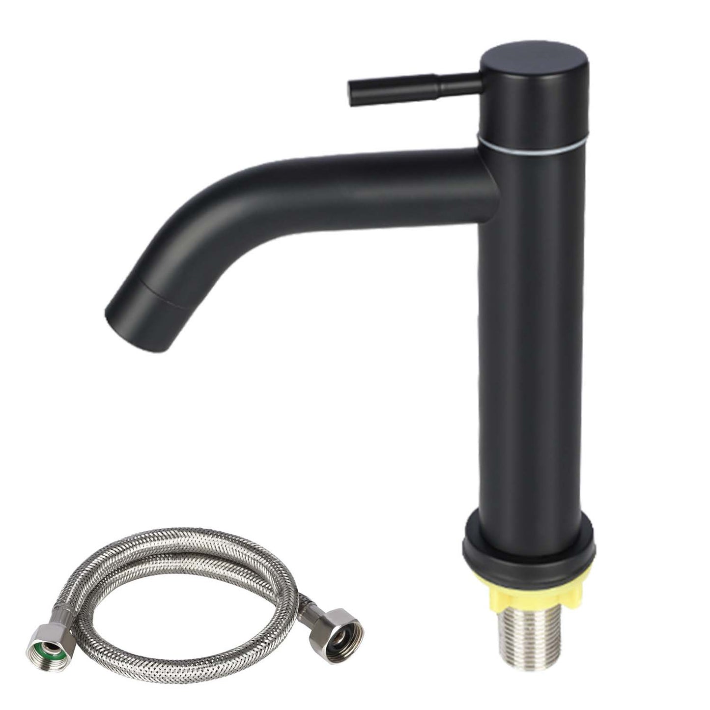 Black faucet with flexible hose on a white background