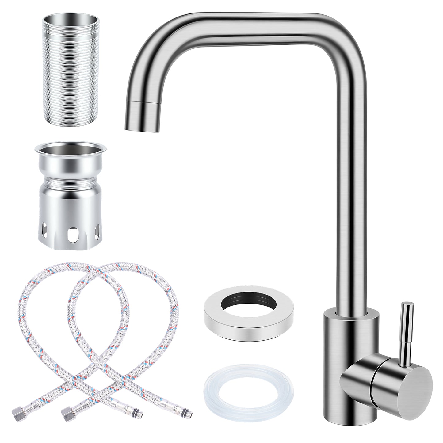 Stainless steel 7-shaped kitchen faucet with single handle, hot and cold water control, removable aerator, 3/8 inch hoses, single hole installation
