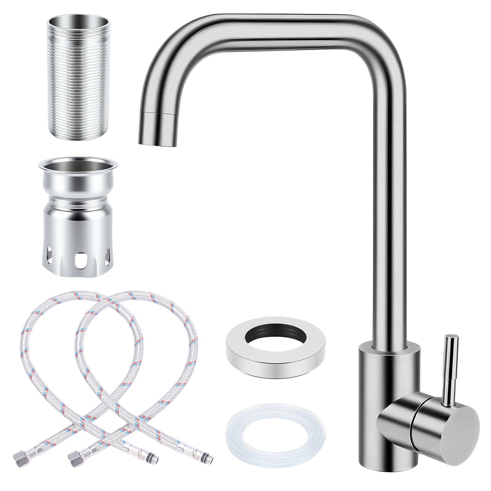 Stainless steel 7-shaped kitchen faucet with single handle, hot and cold water control, removable aerator, 3/8 inch hoses, single hole installation