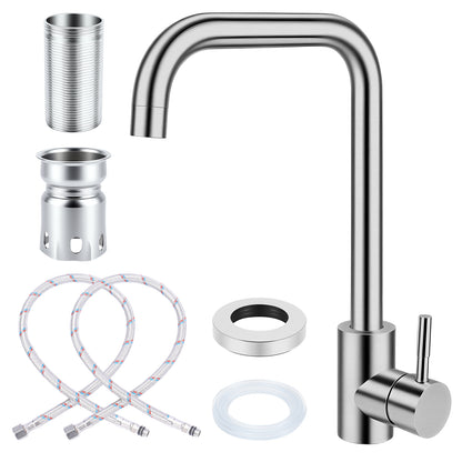 Stainless steel 7-shaped kitchen faucet with single handle, hot and cold water control, removable aerator, 3/8 inch hoses, single hole installation