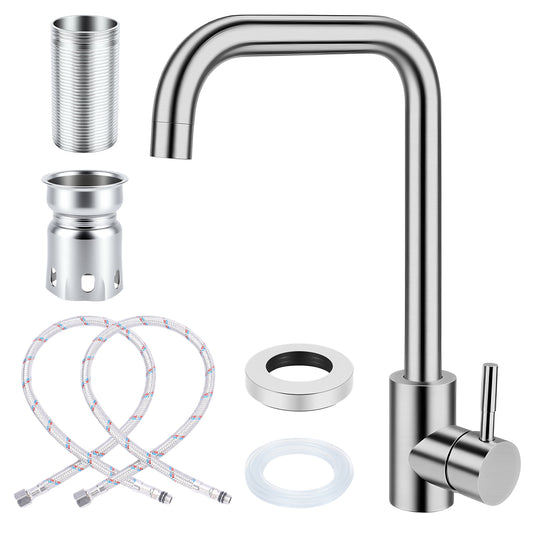 Stainless steel 7-shaped kitchen faucet with single handle, hot and cold water control, removable aerator, 3/8 inch hoses, single hole installation