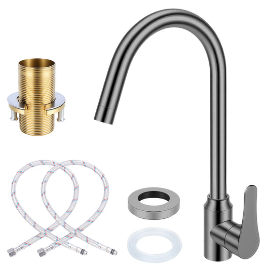 Stainless steel high arc kitchen and bathroom faucet with single handle, hot and cold water control, includes hoses and mounting hardware for sink installation