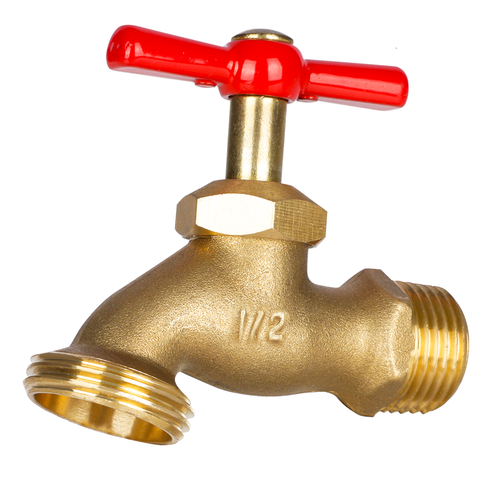 Brass faucet with red handle on a white background