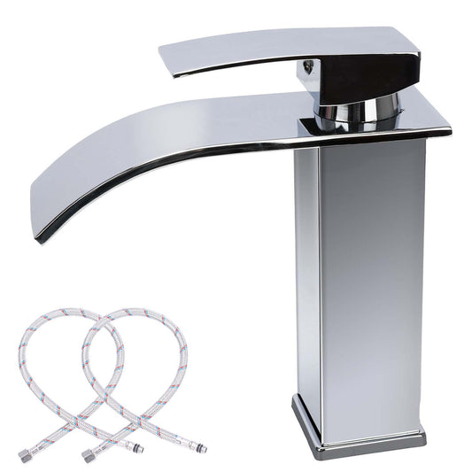 Chrome bathroom faucet with two shower hoses on a white background