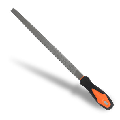 Metal file with orange and black handle on a white background