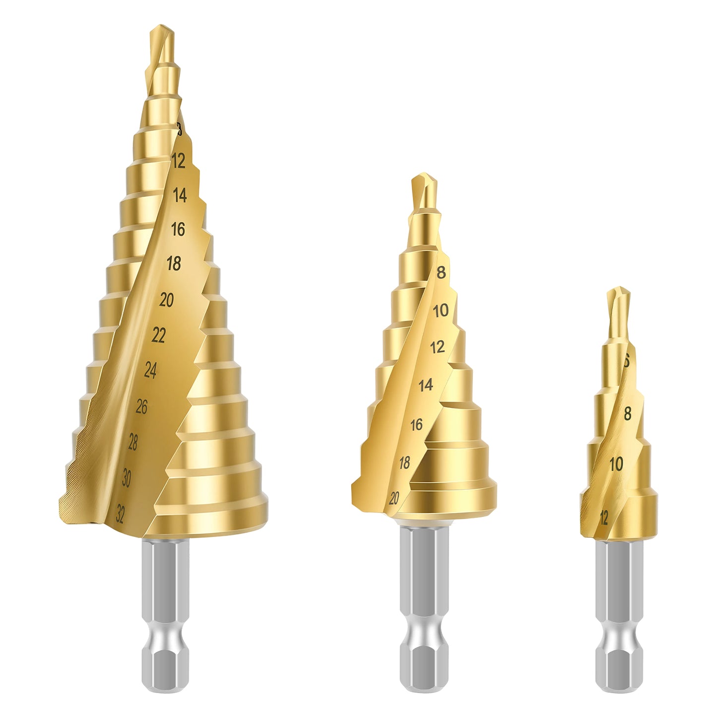 Set of three gold step drill bits on a white background