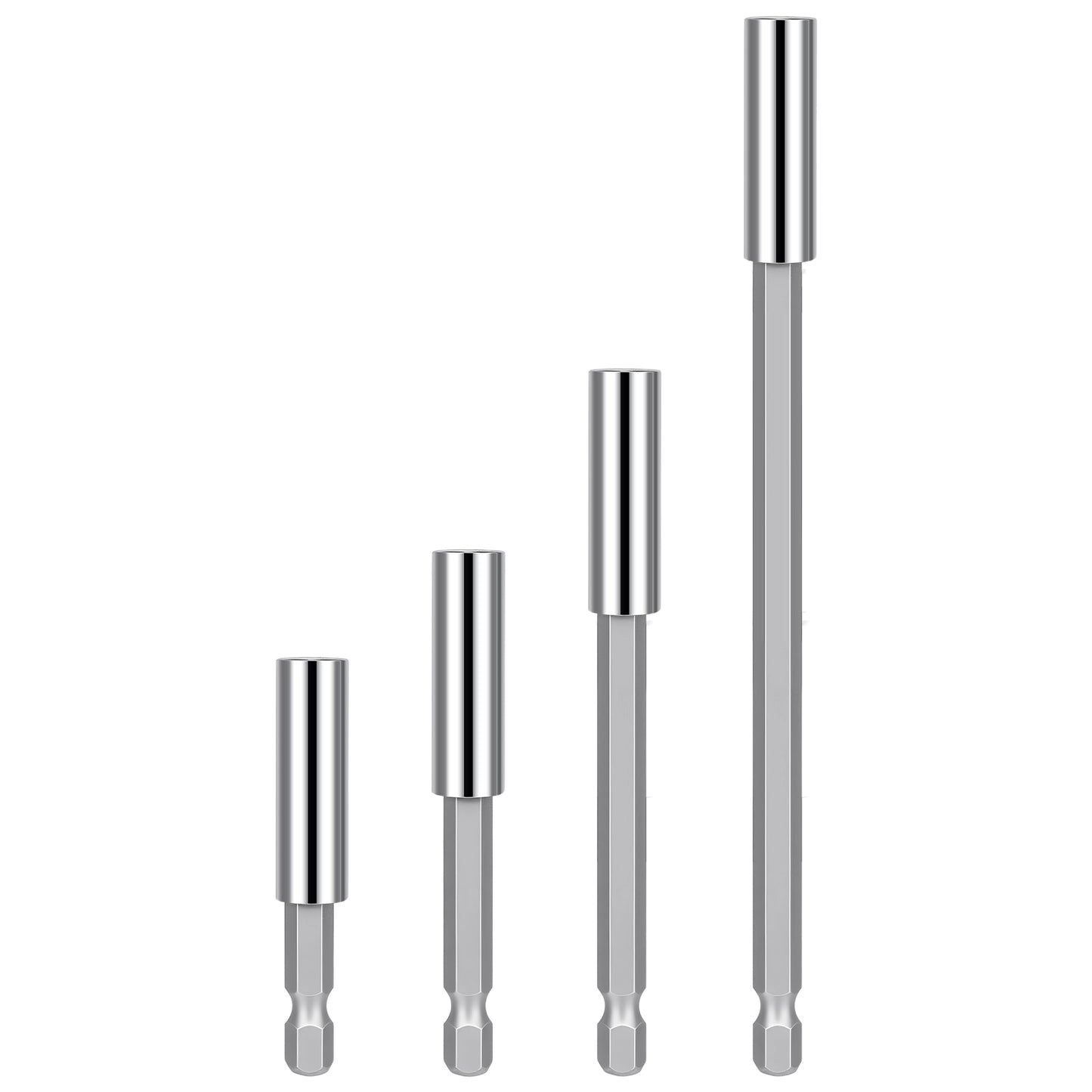 Four metallic hex shank bits of varying lengths arranged by size on a plain white background.