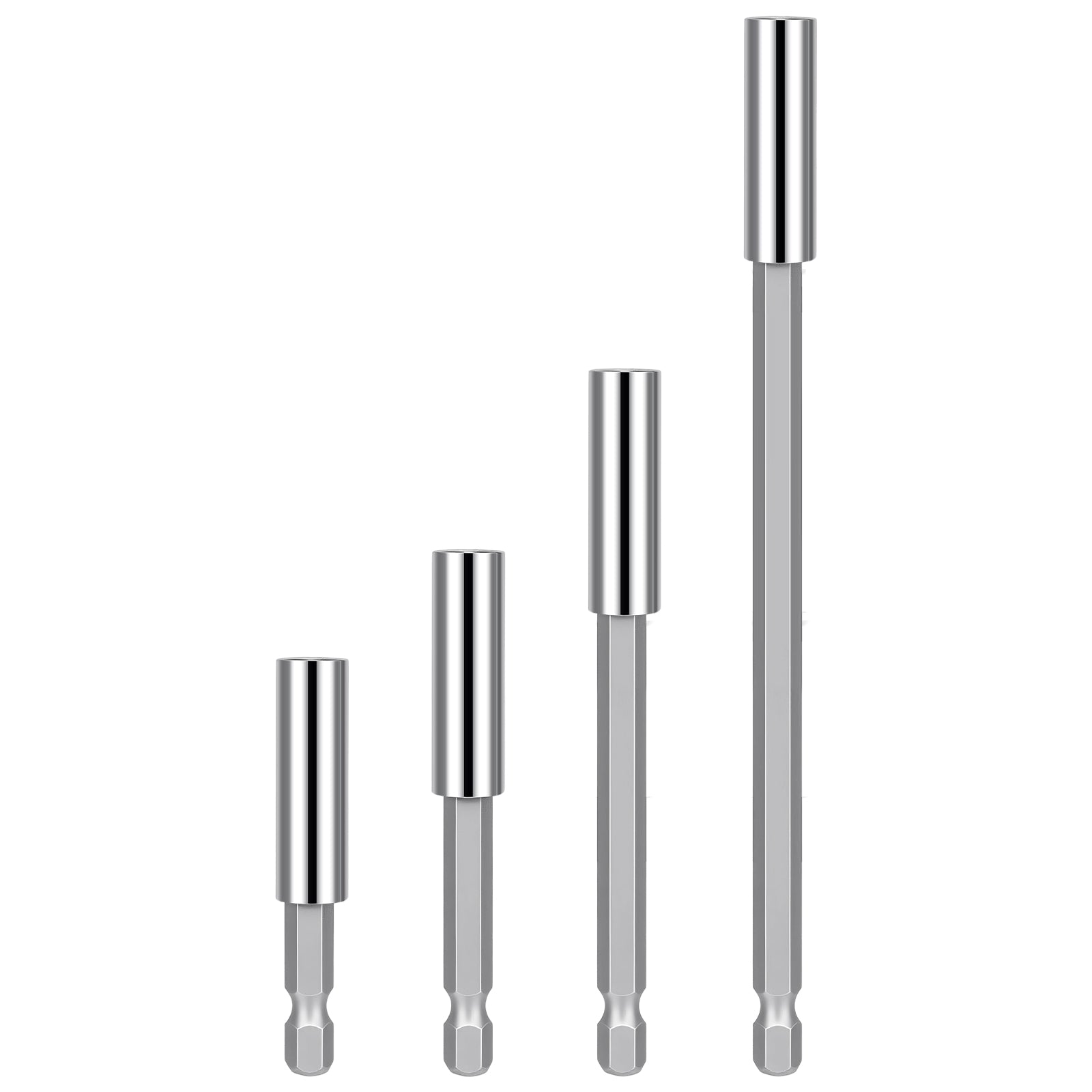 Four metallic hex shank bits of varying lengths arranged by size on a plain white background.