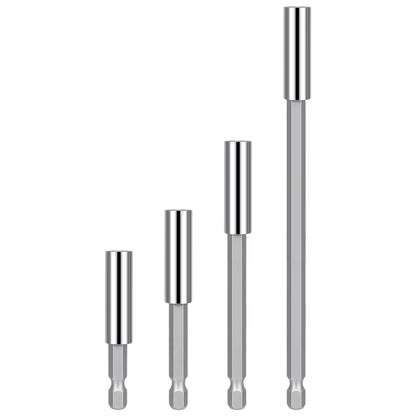 Four metallic hex shank bits of varying lengths arranged by size on a plain white background.