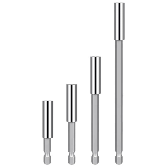 Four metallic hex shank bits of varying lengths arranged by size on a plain white background.