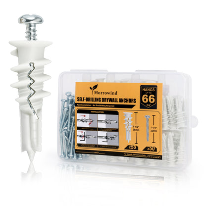 Morrowind self-drilling drywall anchors in a clear plastic case with a yellow-orange label, shown alongside one white wall anchor with a silver screw on a clean white background.